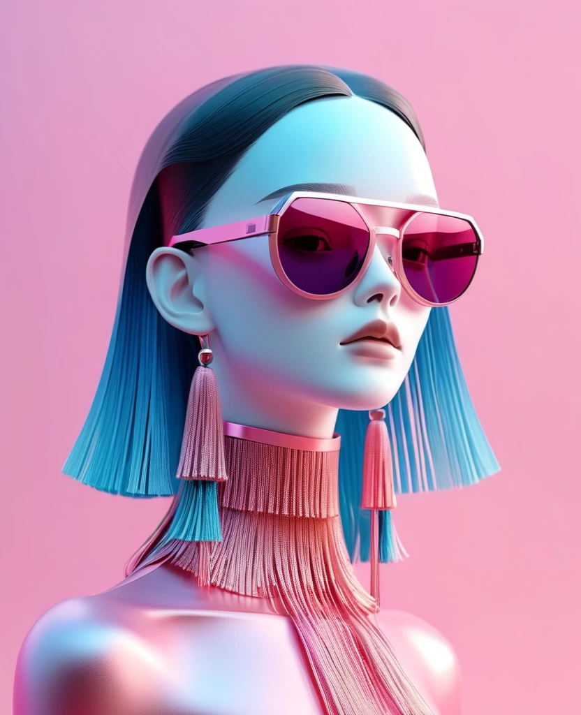 3D illustration of upper body and face of artificial intelligence model wearing futuristic glasses, Stylish glasses with tassels，Gradient background, Pastel color palette, pink blue, Simplicity, cold metallic textures, Surrealism,