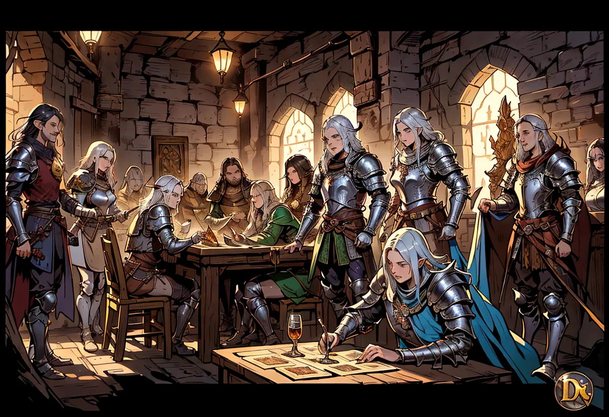 a group of people in armor standing around a table, dnd last supper, dnd , roleplaying game art, lawther sit at table playing dn...