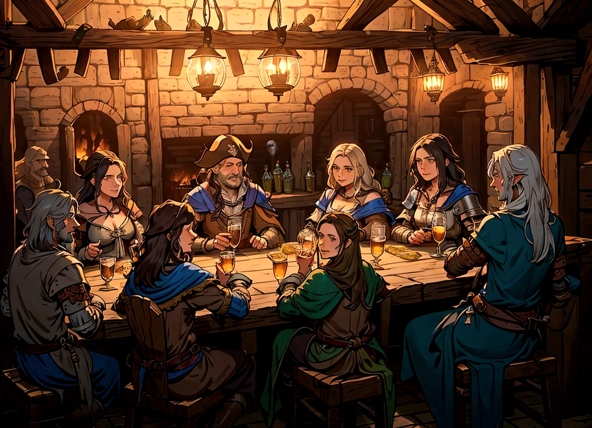 a group of people sitting around a table in a room, in a medieval tavern at night, inside a tavern, pirates in a tavern, tavern background, fantasy tavern background, taverns nighttime lifestyle, a multidimensional cozy tavern, medieval tavern, in fantasy tavern near fireplace, medieval d&d mood, dimly-lit cozy tavern, tavern