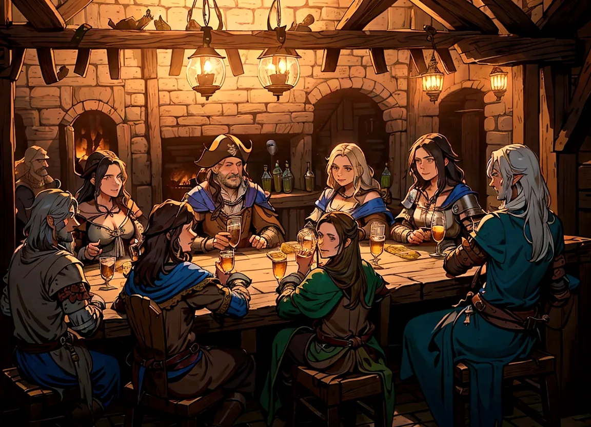 a group of people sitting around a table in a room, in a medieval tavern at night, inside a tavern, pirates in a tavern, tavern ...