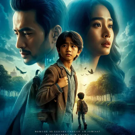 romantic Indonesian film poster, about long distance love, close up shot of a man and a 10 year old boy walking in a park while ...