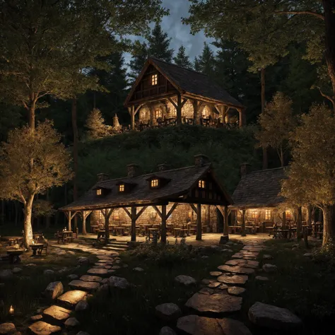 medieval tavern in the woods, thick forest, warm lighting, stone path,