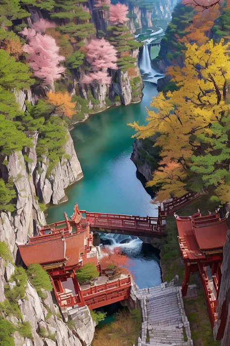 画面中间有一座小桥a view of a river running through a canyon surrounded by trees, Unbelievably beautiful, baotou china, Beautiful nature,...