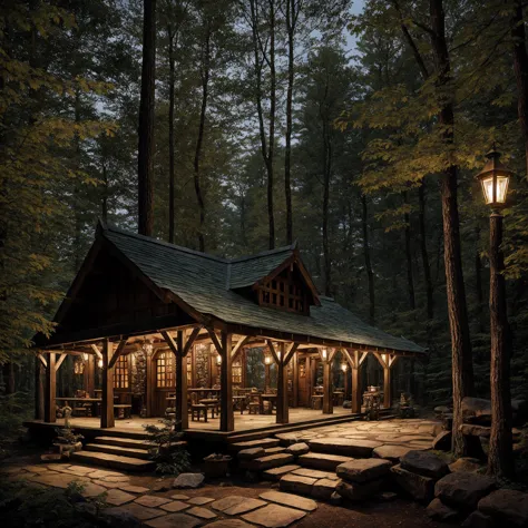 fantasy tavern in the woods, thick forest, warm lighting, stone path, large doors,