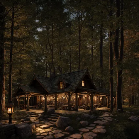 fantasy tavern in the woods, thick forest, warm lighting, stone path, large doors,