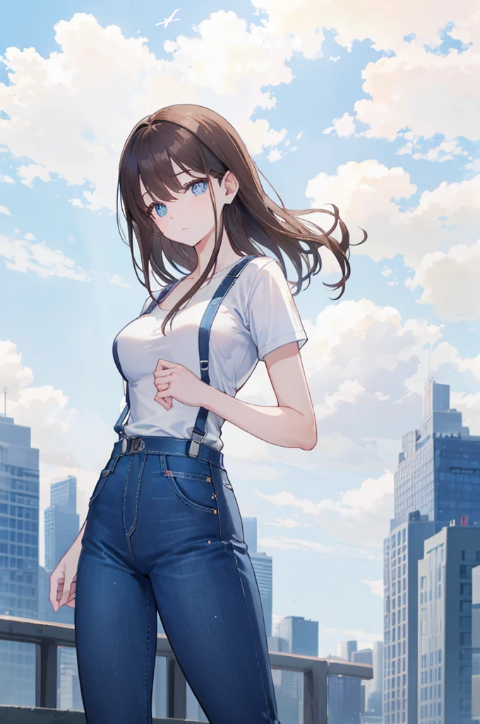 (Daytime, Excellent, 8K, Masterpiece:1.3)), Full body, Long legs, Focal length: 1.2, Perfect Body Beauty: 1.4, Slim Abs: 1.1, ((Dark Brown Hair, Big Breasts: 1.2 )), (White Skinny T-shirt, Denim Suspenders, Standing: 1.2), ((City, Blue Sky and White Clouds: 1.3)), Highly detailed face and skin texture, Detailed eyes, Double eyelids, Flying long hair