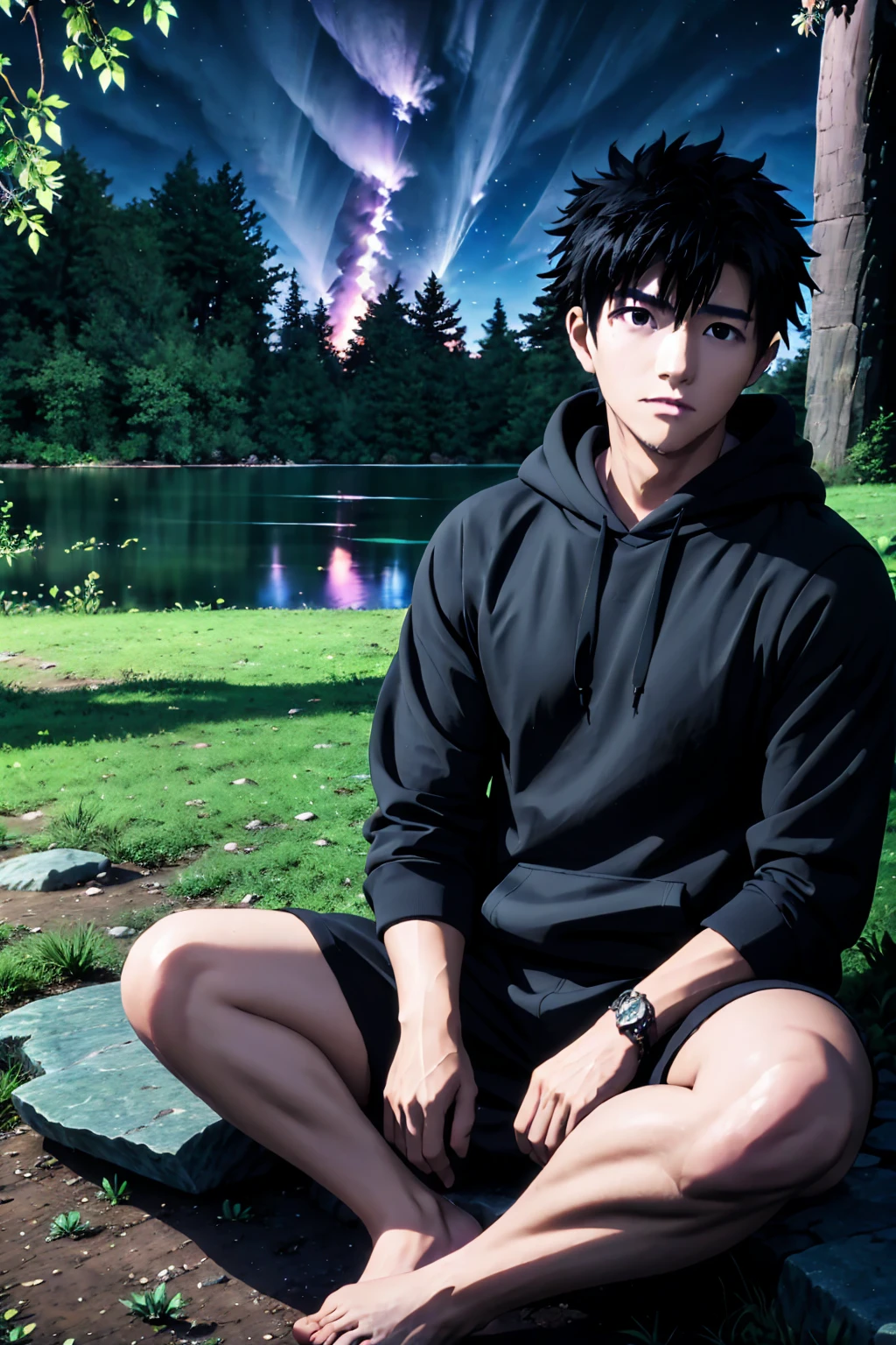 ((Highest quality)), ((masterpiece)), (detailed), Highest quality、High resolution、８K、Wearing a black hoodie、One adult male、33 years old、Dark Eyes、Slightly permed black hair、Japanese anime-like style、超High resolutionかわいい萌えアニメ8k、handsome face manly、Slender and muscular、barefoot、sitting on a stone、Spread your legs、night、Forest landscape、lake、darkness、Surrounded by lots of fireflieoonlight