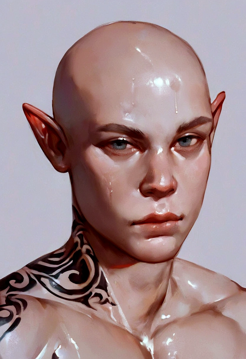 score_9, score_8_up, score_7_up, Portrait of a young male albino elf, with bald head and black tattoos and eye, oil painting, close to face, portrait, teenager