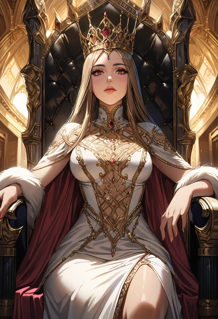 A magnificent Queen sitting on the throne, European, detailed face, intricate dress, ornate throne, luxurious interior, dramatic lighting, cinematic angle, photorealistic, 8k, high resolution, hyper detailed, masterpiece