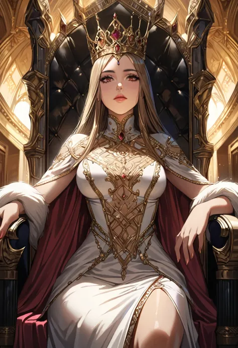 A magnificent Queen sitting on the throne, European, detailed face, intricate dress, ornate throne, luxurious interior, dramatic...