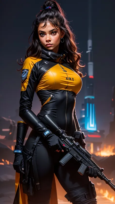 a woman holding an assault rifle in front of a futuristic spaceship, extremely detailed, hyperrealistic, fantasy art, eternal fa...