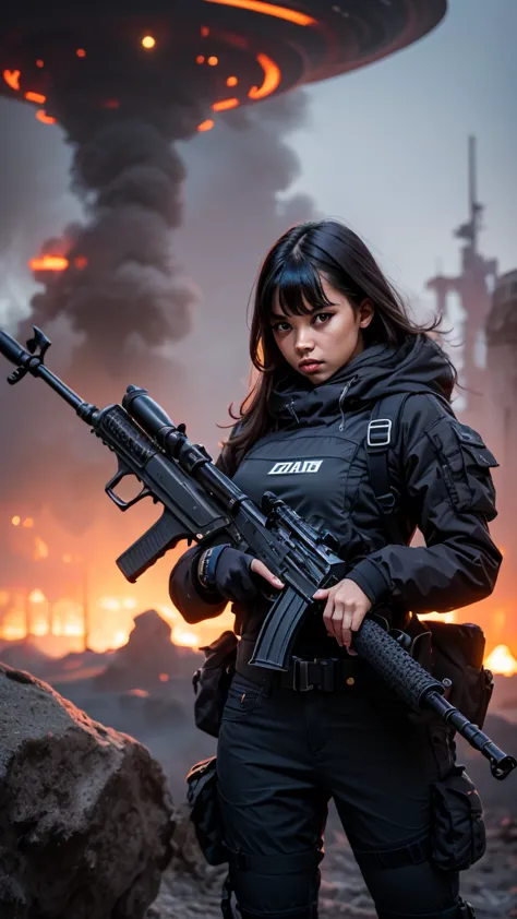 a woman holding an assault rifle in front of a futuristic spaceship, extremely detailed, hyperrealistic, fantasy art, eternal fa...