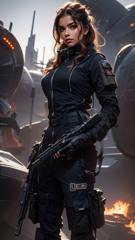 a woman holding an assault rifle in front of a futuristic spaceship, extremely detailed, hyperrealistic, fantasy art, eternal fa...