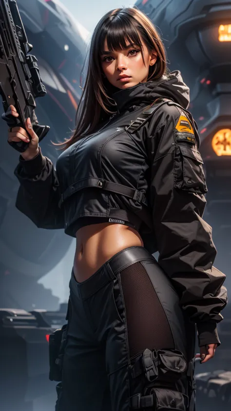 a woman holding an assault rifle in front of a futuristic spaceship, extremely detailed, hyperrealistic, fantasy art, eternal fa...