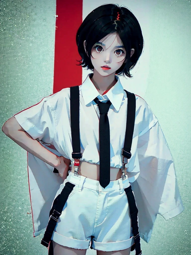 boy short messy black hair and red eyes,,white shirt with suspenders and short black shorts with long tie,jelly anime style, unique poses