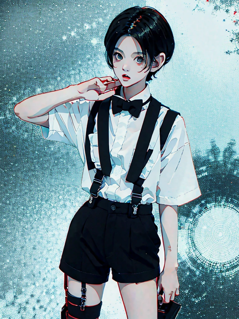 boy short messy black hair and red eyes,,white shirt with suspenders and short black shorts with long tie,jelly anime style, unique poses