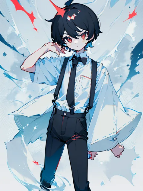 boy short messy black hair and red eyes,,white shirt with suspenders and short black shorts with long tie,estilo genshin impact,...