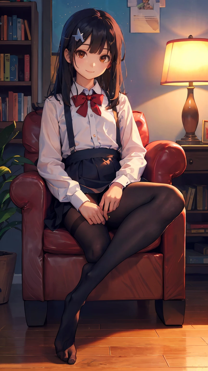 (foot focus:1.3),(best quality), ((masterpiece)), (highres), illustration, original, extremely detailed,dbj,1girl,(Miyu Edelfelt),black hair,brown eyes,small chest,x hair ornament,solo,expressionless,book, pantyhose, long hair, shirt, no shoes,sitting, cat, plant, brown eyes, solo,indoors, bow, bookshelf, potted plant, bowtie, white shirt, looking at viewer, black hair, black pantyhose, chair, smile, wooden floor, dress shirt, no pants, thighband pantyhose, armchair, lamp, long sleeves, sparkle,collared shirt,  bangs, small chest,couch