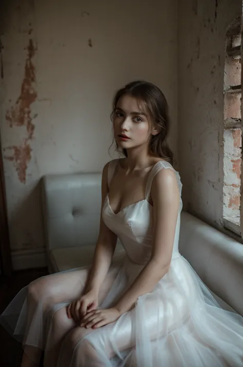 a beautiful young woman, ((woman looks at camera)) standing, white dress, transparent silk, full body, ((red shoes)), ((red rose...
