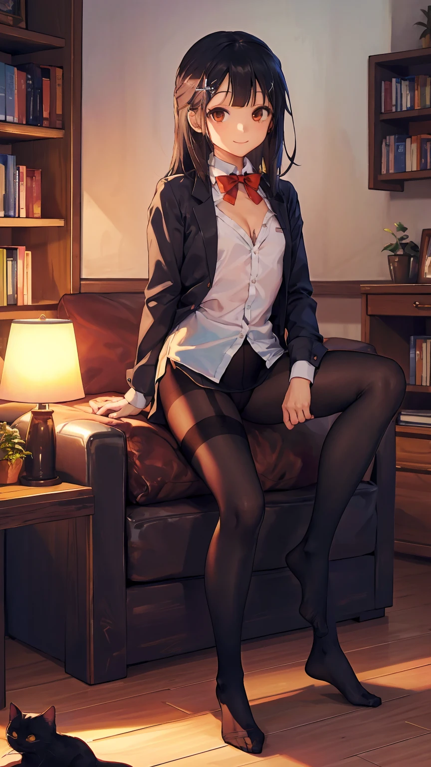 (wide shot:1.3),(best quality),((masterpiece)),(highres),illustration,original,extremely detailed,dbj,1girl,(Miyu Edelfelt),black hair,brown eyes,small chest,x hair ornament,solo,expressionless,book,pantyhose,long hair,shirt,no shoes,(spread legs),sitting,cat,plant,brown eyes,solo,indoors,bow,bookshelf,potted plant,bowtie,white shirt,looking at viewer,black hair,black pantyhose,chair,smile,wooden floor,dress shirt,no pants,thighband pantyhose,armchair,lamp,long sleeves,sparkle,collared shirt,cleavage,bangs,small chest,couch,