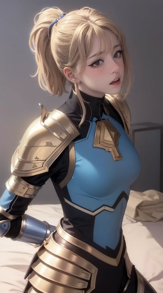 best quality, (masterpiece:1.2), highly detailed, day, city,
1girl, solo, cha hae-in, closed mouth, from front, looking at viewer,
blonde hair, short hair, brown eyes, ponytail, (blue armor:1.4), belt, bodysuit