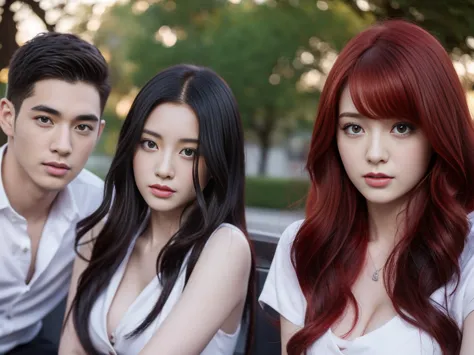 2 students,1 person with red hair,2 people with black hair,sexly,realistically,realistic