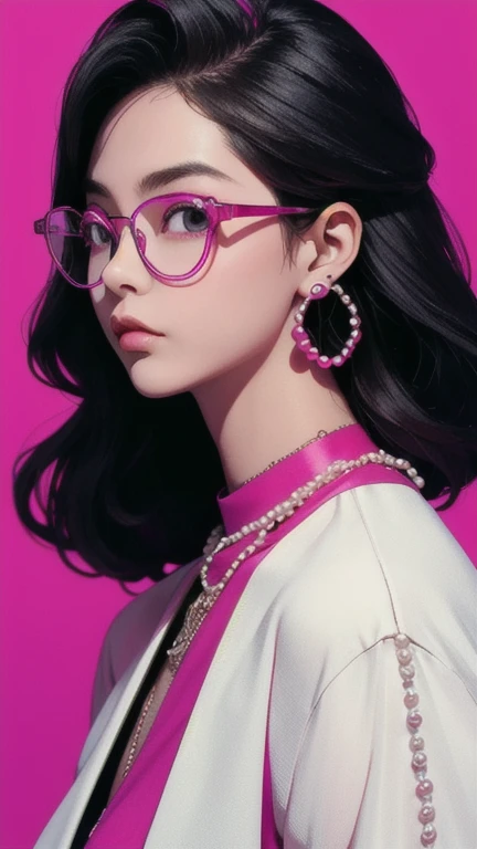 chef-d&#39;œuvre,Meilleure qualité,1 personne,cyber,cyber朋克,avoir,des boucles d&#39;oreilles,Lunettes,fond simple,fond magenta,Perles et bijoux,