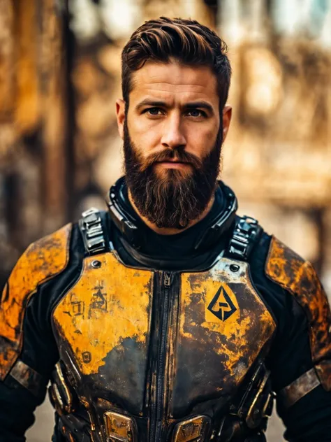 close up portrait photo of muscular bearded guy, in a worn scuffed half life hev suit, ((light bokeh)), intricate, half life gre...