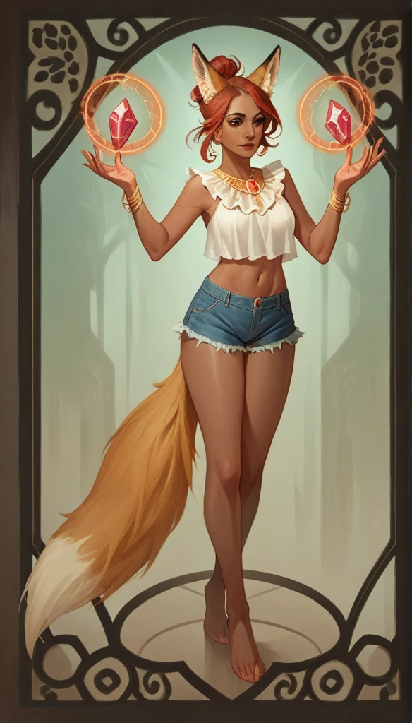 score_9, score_8_up, score_7_up, score_6_up, score_5_up, score_4_up, 
female, (fox:1.2), animal ears, animal tail, holding (red magic Crystals floating on hands), (hands_up0.75), jewelery, hair_bun, dark_skin, dark_skinned_female, red hair, brown eyes, eyelashes, frills, (Translucent arabic {croptop, shorts}),
Full body standing painting, (((solo))), Simple line design, ((tarot card background, symmetric beauty)), perfectly symmetrical, The art of symmetry, Standing drawings of characters, ((flatcolors)), tmasterpiecetop Qualities qualtiy