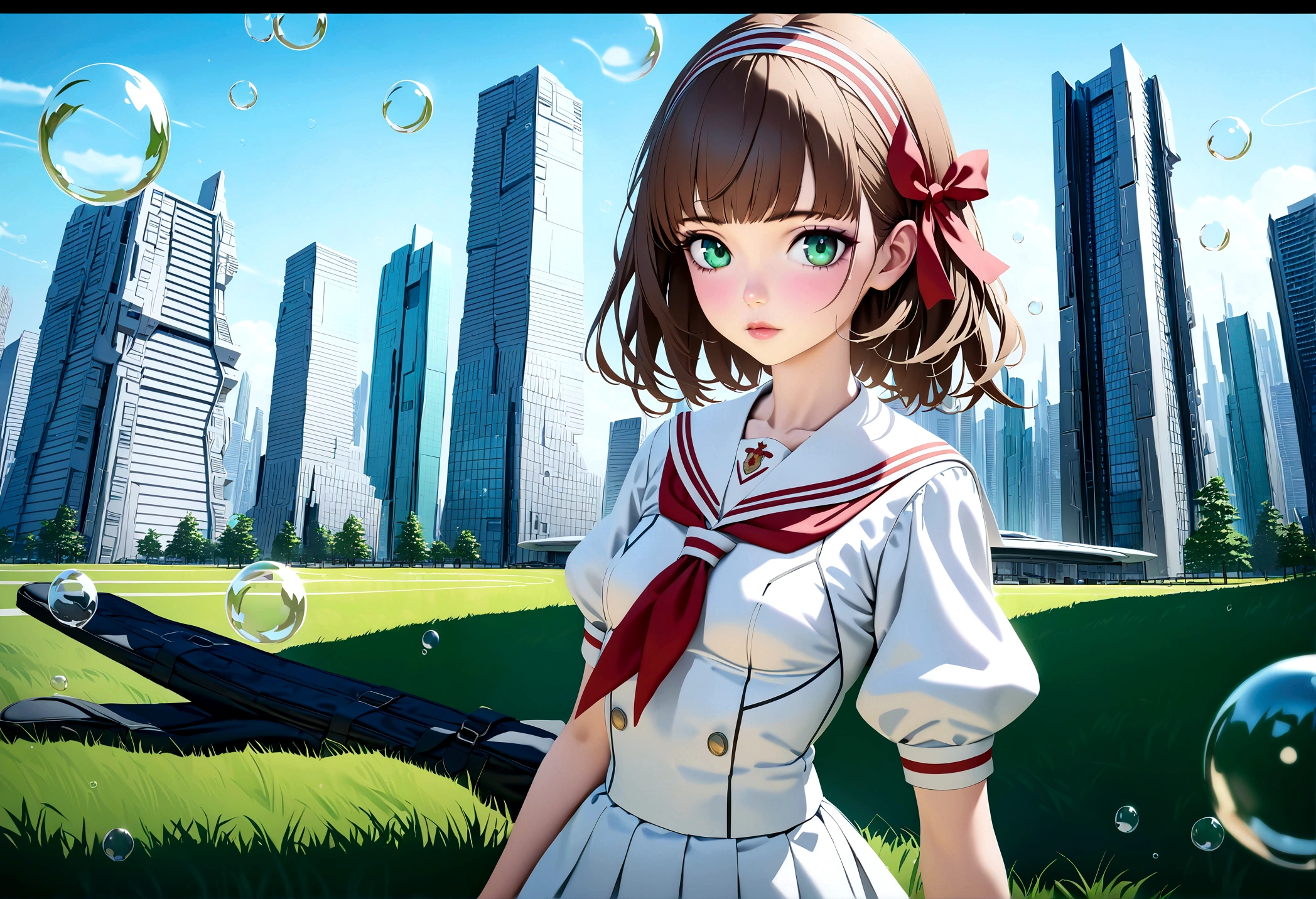 (best quality,4k,highres),ultra-detailed,realistic,portraits, Japaneese school girl, green eyes, long brown hair,anime style,futuristic, Frutiger Aero aesthetic, eco- modernism, bokeh, ribbon headband,small breast,futuristic sailor lolita dress,puffy sleeves,white and blue,colorful lighting, red ribbon, navy blue pantyhose, school shoes, school bag, school crest, floating bubbles, standing in a green field with futuristic skyscrapers in the background, tertiary colors, highly detailed, 4K.