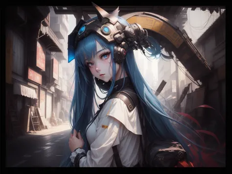 An anime girl with blue hair and a headpiece stands in front of a building, Anime Style 4k, everyone, by Yuumei, Anime style dig...