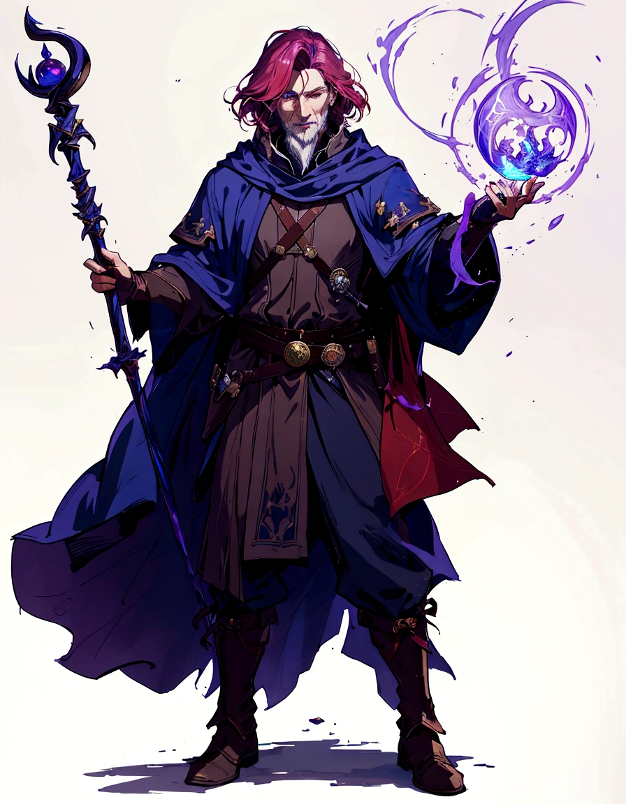 a Drawing of a man with a staff anD a reD light, fantasy D&D character, Caleb du rôle critique, D & D fantasy character, Dungeons anD Dragons character, full boDy DnD character portrait, mage fantastique, DnD fantasy character, as a D & D character, portrait d&#39;un mage, olD male archmage, male wizarD, as a DnD character