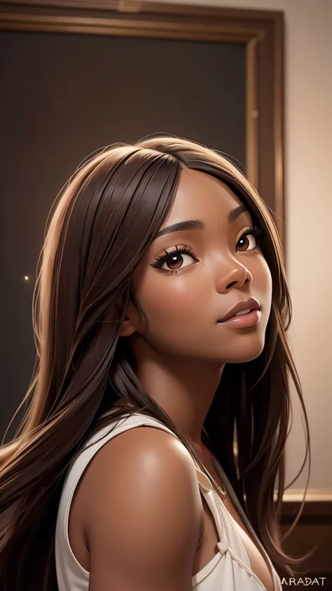 oil painting by Leonardo da Vinci, realistic, photography, closeup face of Gabrielle Union with dark skin, long hair, her eyes a...