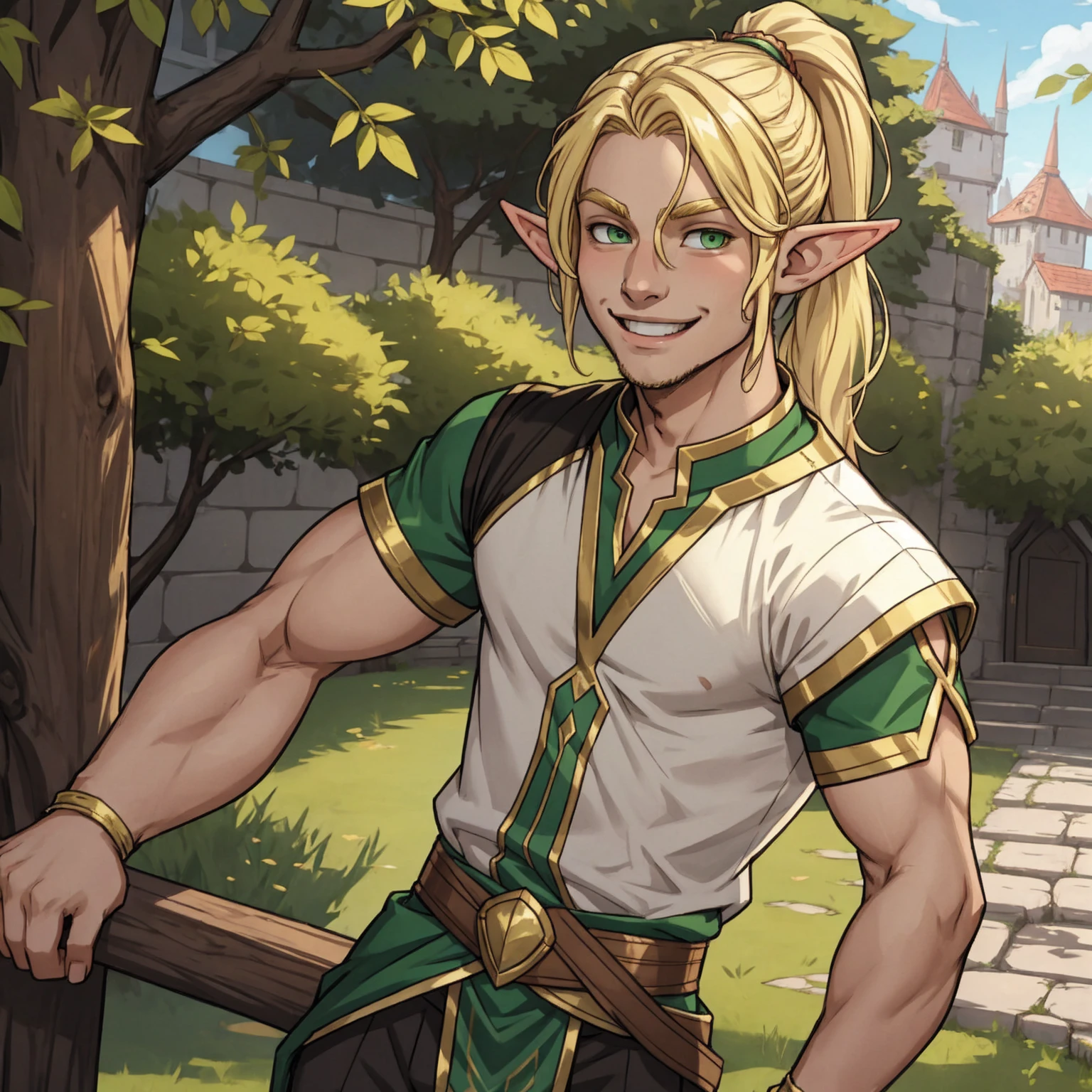 demi-elfe, un jeune homme, cheveux blond, queue de cheval, souriant, agréable, amical, yeux verts, regarder le spectateur, 