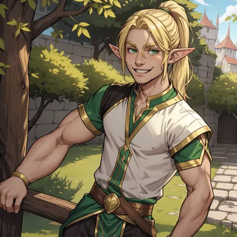 half-elf, young man, blonde hair, ponytail, smiling, pleasant, friendly, green eyes, looking at viewer, 