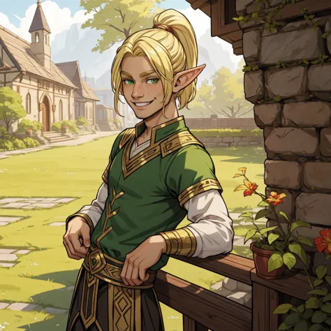 half-elf, young man, blonde hair, ponytail, smiling, pleasant, friendly, green eyes, looking at viewer, 