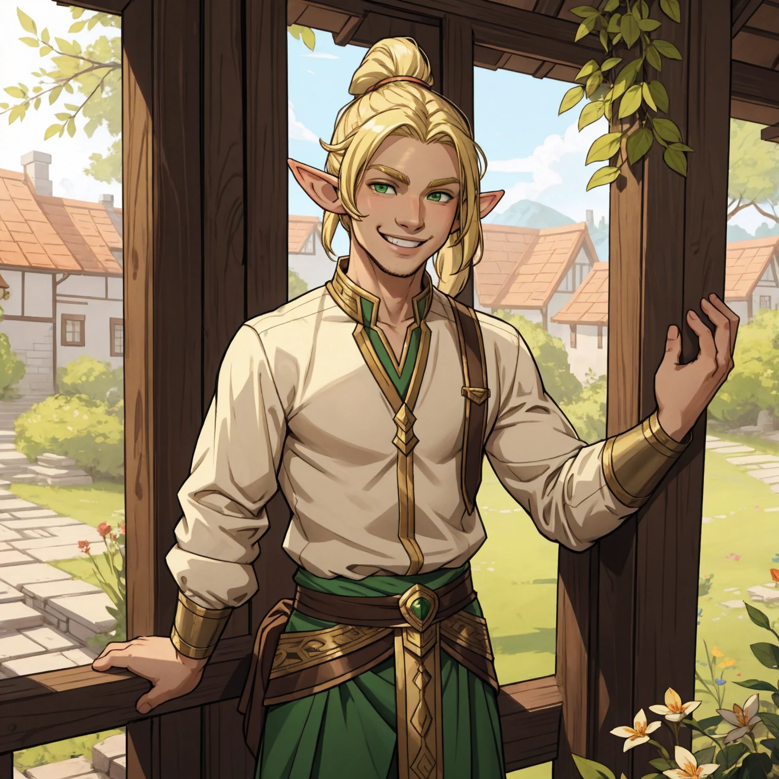 demi-elfe, un jeune homme, cheveux blond, queue de cheval, souriant, agréable, amical, yeux verts, regarder le spectateur, 