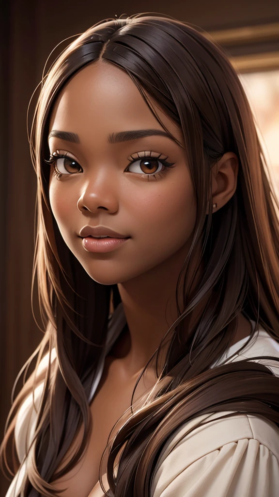 oil painting by Leonardo da Vinci, realistic, photography, closeup face of Gabrielle Union with dark skin, long hair, her eyes are sweet and vibrant, her face symmetrical, rich coffee brown skin, soft torch luminosity on the face by REMBRADT, Adobe Illustration, Trending on Artstation, 8K, hd, cinematic, masterpiece, magnificent art, best quality, romanticism, nipples, naked 