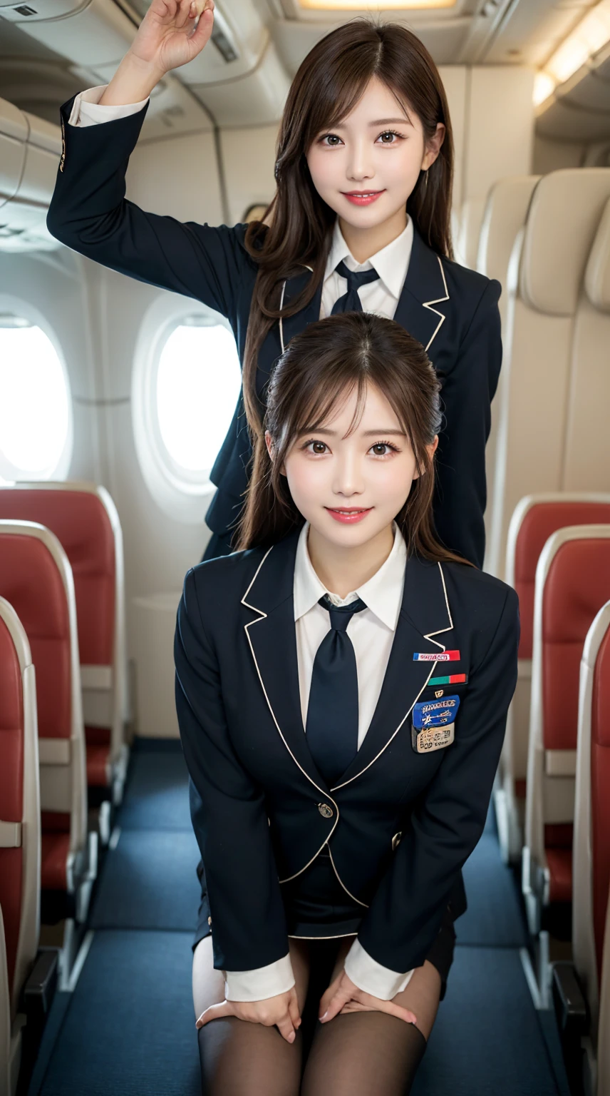 ​highest quality、table top、8k、best image quality、Award-winning work)、one beautiful woman、radiant beautiful skin , masterpiece、top-quality、The ultra -The high-definition、depth of fields、lens flare 1 girl、、brown hair, watching at viewers glares, large breasts , stewardess uniform, ( stewardess blazer:1.3),  shirt, short  skirt, (black high heels), perfect legs, model pose, view from below, smiling , flight cabin, pantyhose 
