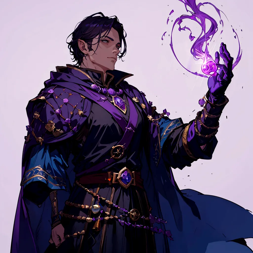 a drawing of a man with a purple light in his hand, mage, as a dnd character, portrait of a mage, dnd character art, dnd fantasy...