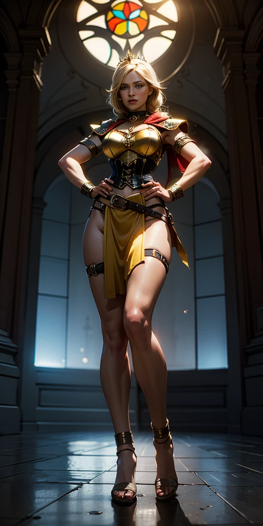 paladin lady in ornate golden armor, black collar, pauldrons, breastplate, corset, glowing halo, single braid, blonde, yellow glowing eyes, bright pupils, eye focus, red cape, temple indoors, stained glass windows, night, moonlight, particles, light beam, chromatic aberration, (full body, whole body. 1solo (girl). slave fighter, loincloth standing, hands on hips full body, whole body. 1solo (girl). slave fighter, loincloth standing, hands on hips, metal sandals, backpack, choker, big belt, view from below, feet together, bracers, tiara)