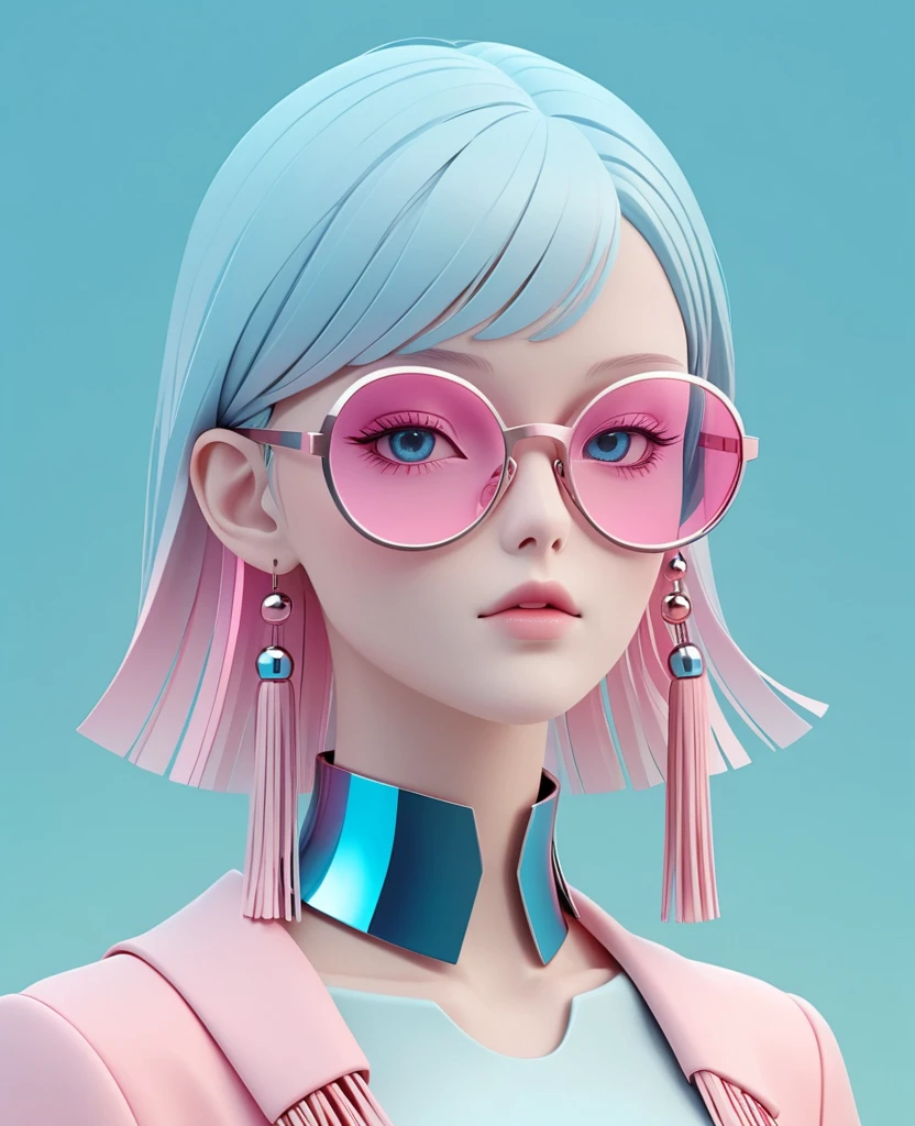 3D illustration of upper body and face of artificial intelligence model wearing futuristic glasses, Stylish glasses with tassels，Gradient background, Pastel color palette, pink blue, Simplicity, cold metallic textures, Surrealism,