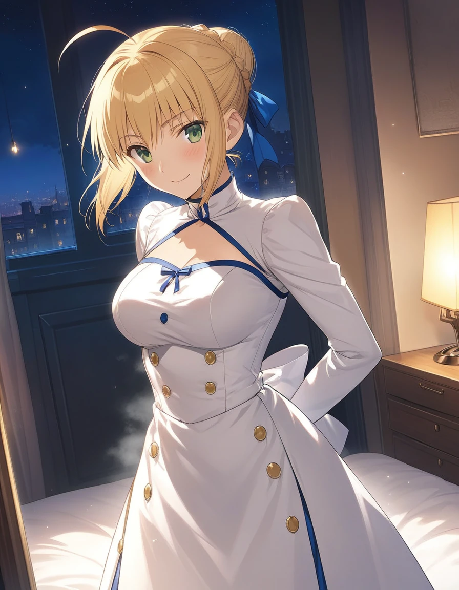 best quality, amazing quality, very aesthetic, 1girl, saber, fate/stay night, 1girl, saber, fate/stay night, , (artist official art:1.5), french braid bun hair, ahoge_hair, green eyes, steaming body, large breasts, jitome, cinematic light, official_royal_dress, stand_up_straight, arms_behind, on the bedroom, happy, smile, blush, night, looking_at_viewer, oily_skin, cool