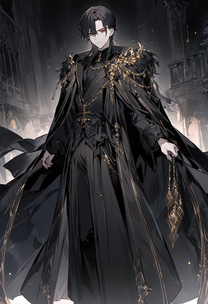 Anime - style image of a man in a Gothic costume, ((wearing a noble robe)), Wearing a black robe, A delicate androgynous prince, Beautiful male grim reaper, Beautiful androgynous prince, Wearing a black aristocratic suit, Dark Glamorous Royal Robe, wearing black clothes and cape, 金色のアクセントが付いたWearing a black robe, Royal Costume Akira, with cape、Red eyes、Expressionless