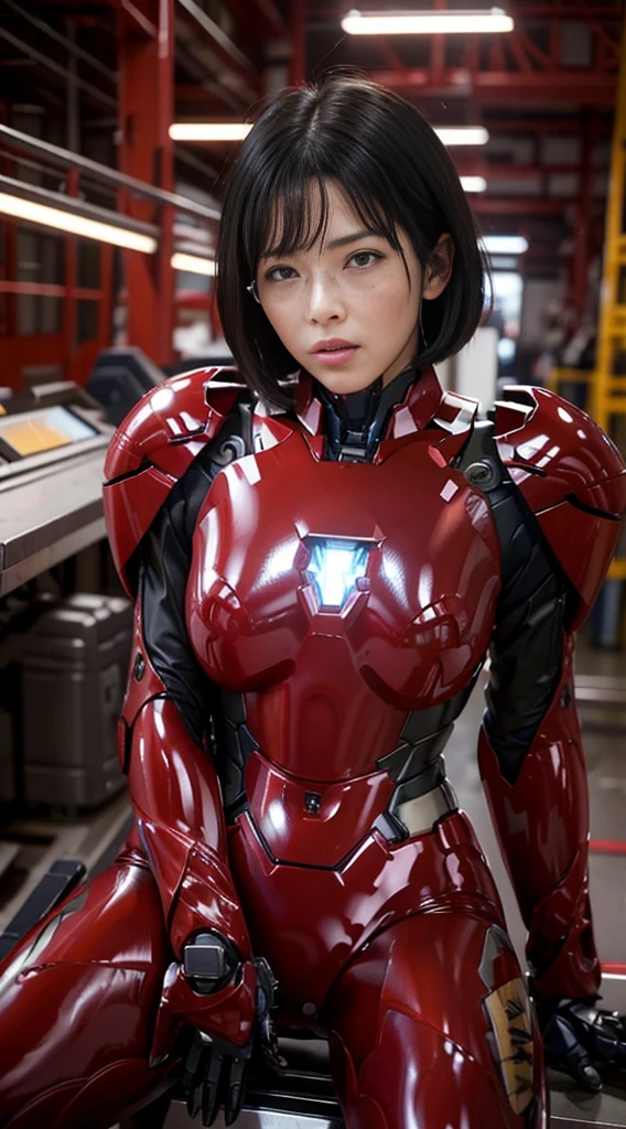 Female Iron Man(Red and Black)、Gloss、Shortcuts、Rough skin, Very detailed, Advanced Details, high quality, 最high quality, High resolution, 1080P, hard disk, beautiful,(Gundam),Beautiful cyborg woman,Mecha Cyborg Middle-aged Woman,Battle Mode,Woman with a mechanical body,、Expression of bitterness、Sweaty face、、Squint your eyes、、Humidity、Plump figure、Steam coming out of the head、Spread your legs、Embarrassed face、Open your mouth、Hold your face　Black-haired　Short Hair　Glasses　Japanese middle-aged women　bare hands　Sitting on a chair　During a break　Sweaty　Sensual look