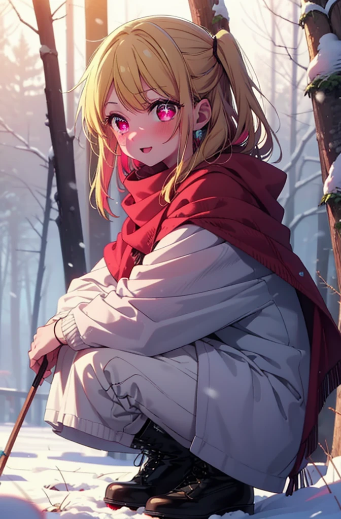 rubyhoshino, Hoshino Ruby, Long Hair, bangs, Blonde, (Pink Eyes:1.3), (Symbol-shaped pupil:1.5), Multicolored Hair, Two-tone hair, smile,blush,White Breath,
Open your mouth,snow,Ground bonfire, Outdoor, boots, snowing, From the side, wood, suitcase, Cape, Blurred, , forest, White handbag, nature,  Squat, Mouth closed, Cape, winter, Written boundary depth, Black shoes, red Cape break looking at viewer, Upper Body, whole body, break Outdoor, forest, nature, break (masterpiece:1.2), Highest quality, High resolution, unity 8k wallpaper, (shape:0.8), (Beautiful and beautiful eyes:1.6), Highly detailed face, Perfect lighting, Highly detailed CG, (Perfect hands, Perfect Anatomy),
