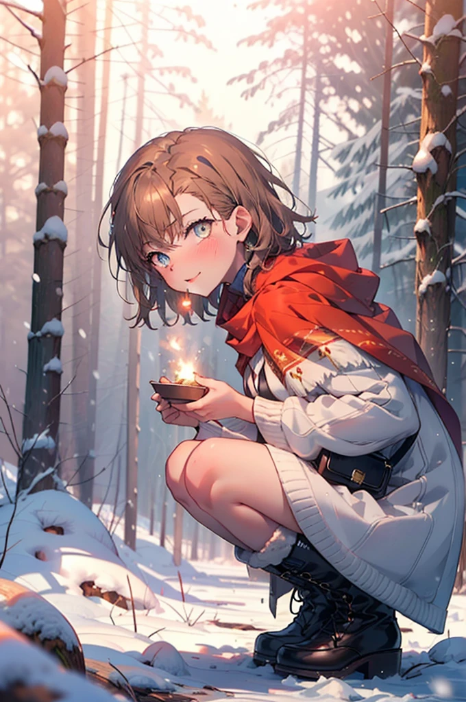 Mycotrose, Brown eyes,Brown Hair,short hair,smile,blush,White Breath,
Open your mouth,snow,Ground bonfire, Outdoor, boots, snowing, From the side, wood, suitcase, Cape, Blurred, Increase your meals, forest, White handbag, nature,  Squat, Mouth closed, フードed Cape, winter, Written boundary depth, Black shoes, red Cape break looking at viewer, Upper Body, whole body, break Outdoor, forest, nature, break (masterpiece:1.2), Highest quality, High resolution, unity 8k wallpaper, (shape:0.8), (Beautiful and beautiful eyes:1.6), Highly detailed face, Perfect lighting, Extremely detailed CG, (Perfect hands, Perfect Anatomy),