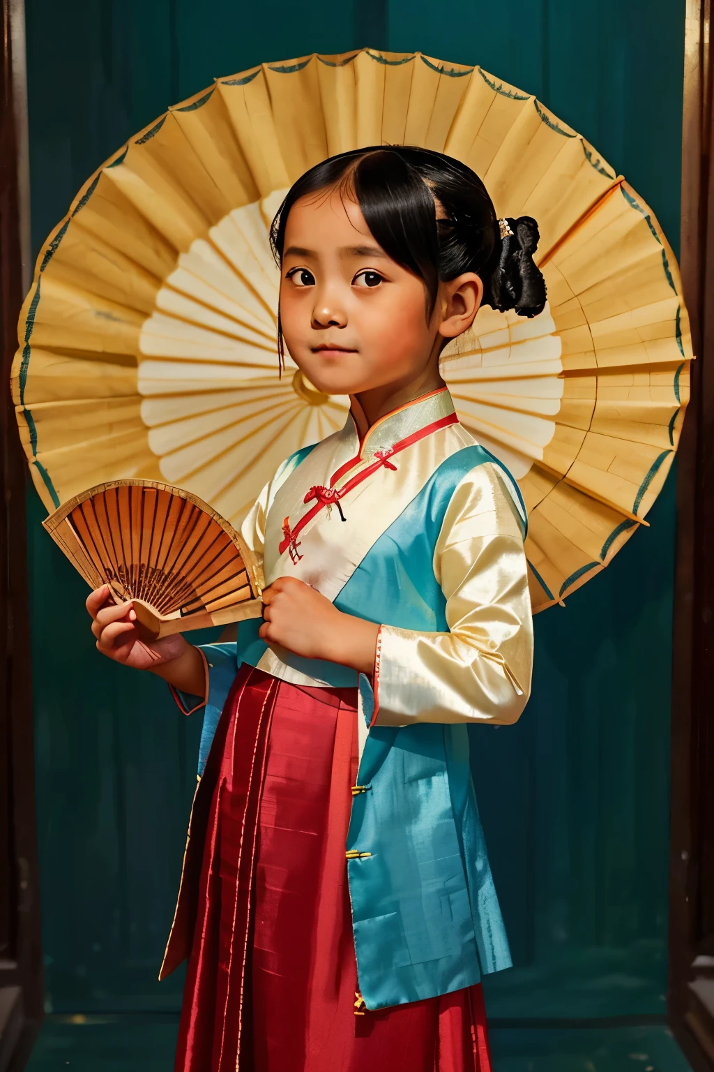 Puwei, China, 1830. A little ((((7-year-old)) Lily)), girl, with a silk ((fan)), ((((chinese clothings from the 1830s)))), ((short bob hairstyle of the 1830s)), ((colorful))