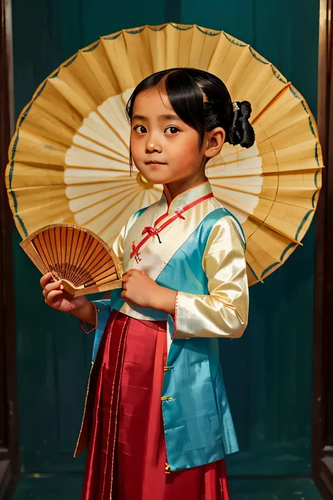 puwei, china, 1830. a little ((((7-year-old)) lily)), girl, with a silk ((fan)), ((((chinese clothings from the 1830s)))), ((sho...