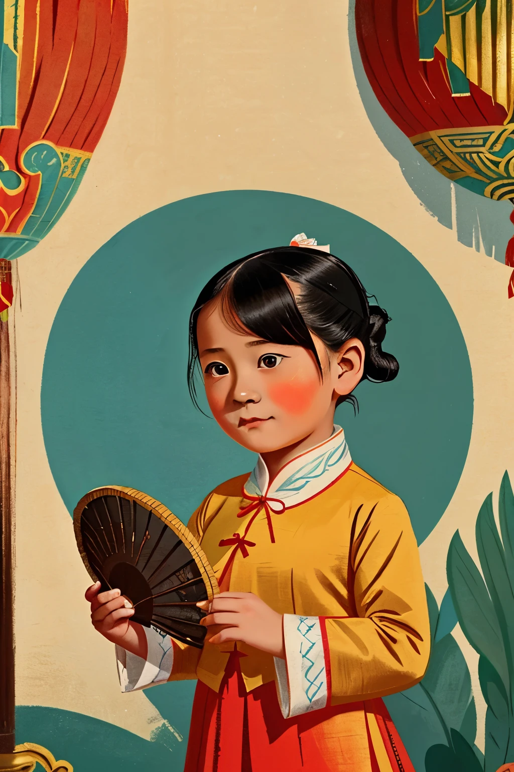 Puwei, China, 1830. A little ((((7-year-old)) Lily)), girl, with a ((fan)), ((((chinese clothings from the 1830s)))), ((short bob hairstyle of the 1830s)), ((colorful))